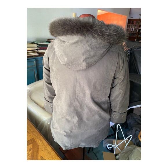90s Utex Design Winter Parka Fluffy Fun Fur Collar Hooded Embroidery Sz L - Picture 5 of 8